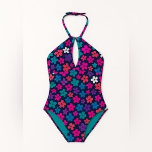 Anne Cole Signature One Piece Keyhole Halter Swimsuit Floral Black Teal Sz 14